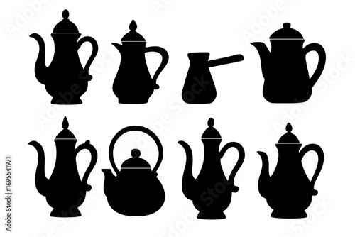 Silhouette set of traditional coffee pots in various styles. Vector collection of classic coffee and teapots, Arabic dallah, Turkish cezve. Kitchenware icons for cafe menu.