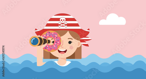 A Pirate Girl Uses A Doughnut As A Telescope Looking For Treasure In The Sea
