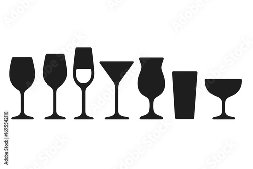 Silhouette wine and cocktail glasses set. Vector icons of glassware for bar menu, party or restaurant. Collection of drink symbols like martini, champagne and coupe glass.