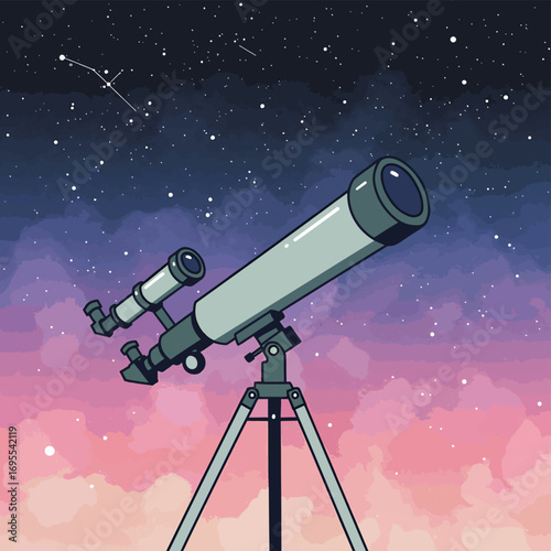 Beautiful watercolor illustration of a telescope under a starry sky, inspiring curiosity about the universe and astronomy. Perfect for educational and cosmic themes.