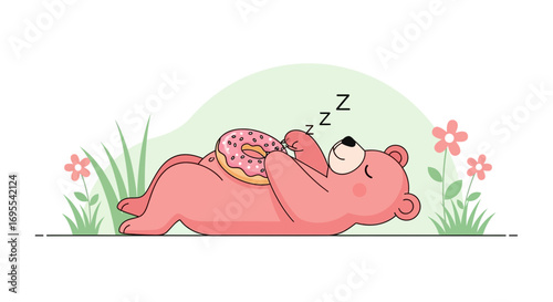 A Playful Illustration of A Sleeping Bear Holding Delicious Food After A Wonderful Day