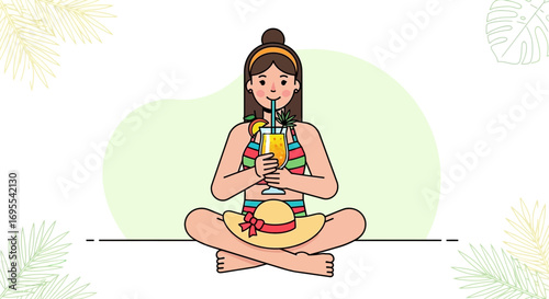 Relaxed Woman Savoring Tropical Drink In A Summer Setting Enjoying The Vacation Scene
