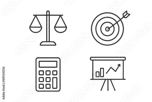Minimalist linear icon set with scales balance, target bullseye with arrow, calculator, and business growth diagram chart, editable stroke vector for apps, banners, and marketing design
