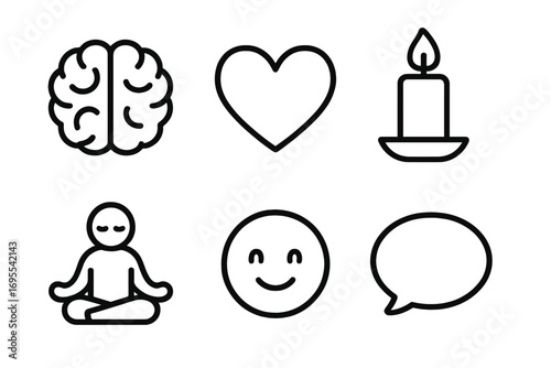 Minimalist brain, heart, candle, meditation, smile, and speech bubble icons set, simple line art vector illustration with transparent background, mindful and peaceful concept design