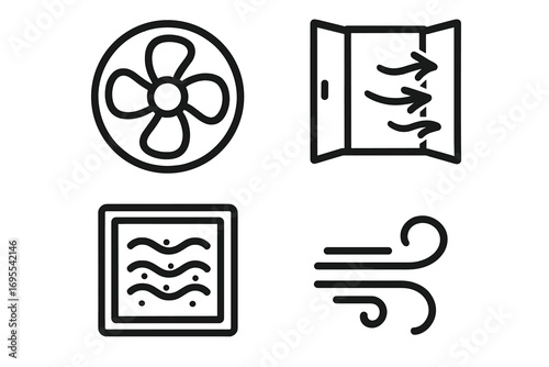 Airflow and ventilation outline icon set. Simple symbols for fan, open window, air filter and wind. Vector illustration for cooling, fresh air, breeze and HVAC systems.