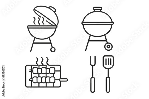 Barbecue grill line icon set. Concept of outdoor cooking, summer picnic, and backyard party. Vector collection of BBQ equipment: kettle grill, shish kebab, fork, spatula.