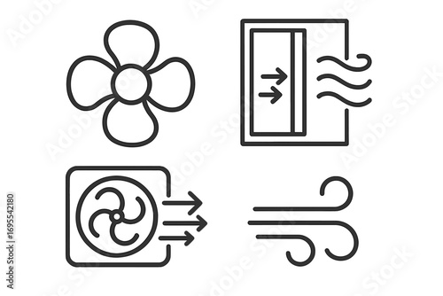Simple airflow icons set. Fan, window ventilation, and wind symbols. Vector line art illustration for climate control, cooling systems, and fresh air circulation concepts.