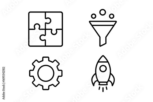 Simple linear illustration of data analytics with puzzle pieces, funnel, gear cogwheel, and rocket icons for technology, business, process, and innovation design elements for apps and web 3