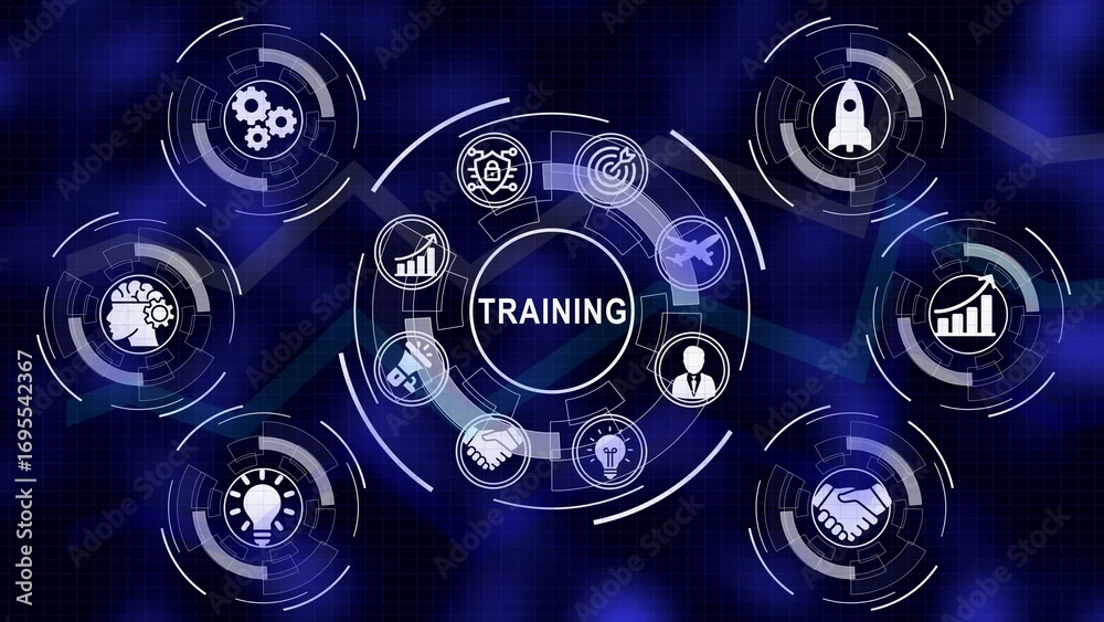 Fototapeta premium Training and development concept illustrated with futuristic circular icons and background