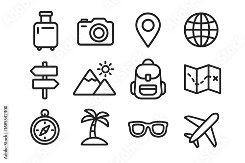 Travel icons collection minimalist black outline set for modern adventures, tourism symbols with suitcase, camera, map, compass, backpack, airplane, palm tree, sunglasses