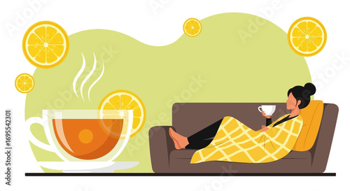 Relaxing Afternoon with Warm Tea and Lemon Slices on a Cozy Sofa Lifestyle Illustration