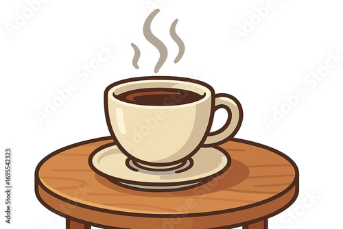 Steaming cup of coffee on wooden table, cozy morning routine, hot beverage illustration, cartoon style coffee cup and saucer, warm drink vector design, transparent background