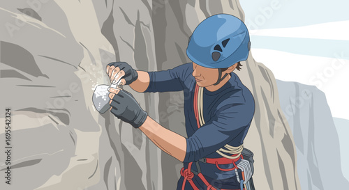 A Rock Climber Preparing His Hands With Chalk For A Challenging Ascent