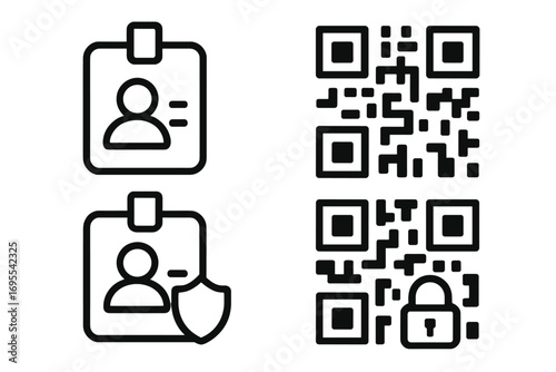 Identification icon set. ID card badge with shield. Secure QR code with lock for verification, authentication. Personal data protection. Digital access control. Vector symbols.