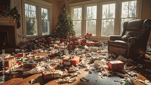 Christmas aftermath concept with torn wrapping paper, ribbons, and gift boxes left behind, festive mess highlighting holiday consumer waste and post-celebration clutter