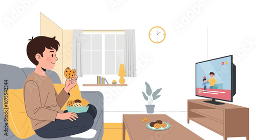 Relaxing At Home: A Person Enjoying Cookies While Watching Television Comfortably
