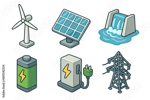 Sustainable energy icons including wind turbine, solar panel, hydro power, battery storage, electric vehicle charging, and electric grid in isometric cartoon vector style with transparent background