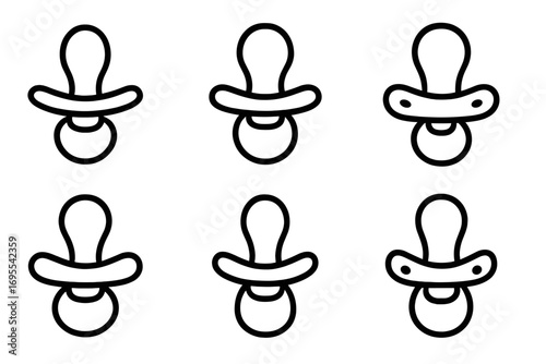 Variety of pacifier outlines. Minimalist baby soother icons. Vector illustration set. Newborn dummy symbol collection for childcare, parenthood, and infant products.