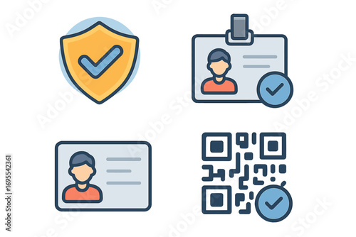 Identification and verification icon set. Security authentication concept with ID card, badge, and QR code scan. Personal data protection and access control. Flat vector illustration.