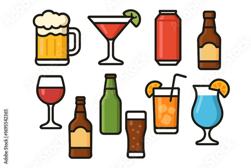 Soft Drinks and Alcohol Icon Bundle with Beer, Cocktail, Bottle, Can, Glass, and Beverage Icons for Cards, Posts, Apps, Websites, Vector Cartoon Illustration Set