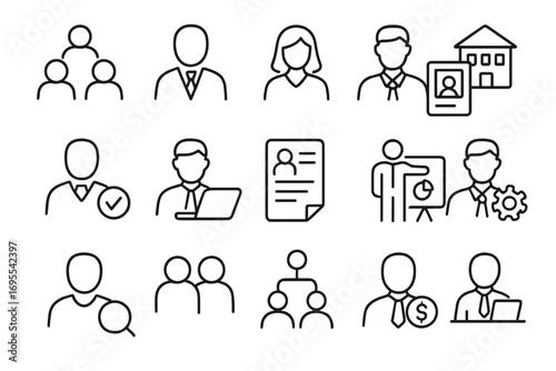 Staff and company thin line icons set with editable stroke for business, job search, corporate roles, teamwork, identity verification, presentation, and finance concepts, vector illustration