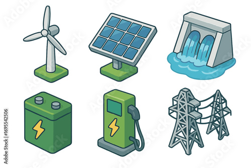 Sustainable energy icons set with wind turbine, solar panel, hydroelectric dam, battery storage, electric car charging station, and power transmission grid in isometric cartoon style vector