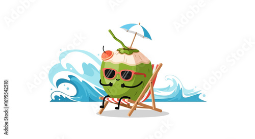 Relaxing Coconut With Sunglasses Enjoying a Beach Vacation, Coastal Scene Illustration