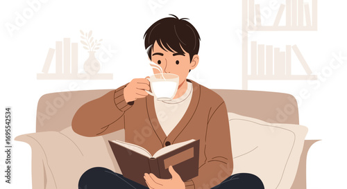 Relaxing Day: Man Reading Book And sipping Drink at Home in Casual Setting