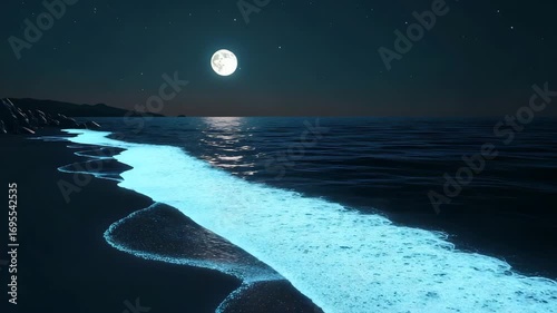 A serene night scene on a tranquil beach with glowing bioluminescent waves under the full moon