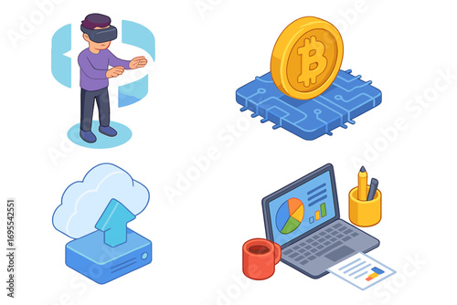 Isometric Tech Icons Collection: Virtual Reality, Cryptocurrency Bitcoin, Cloud Computing Upload, Office Work Elements with Laptop, Analytics, Coffee and Stationery, Vector Cartoon