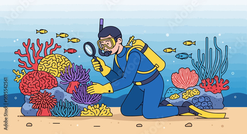 A Scuba Diver Examining Coral Reefs and Marine Life Underwater With Magnifying Glass