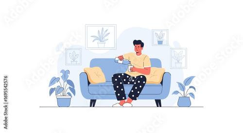 Relaxing Evening: A Man Pouring Water on Sofa with Modern Home Decor.