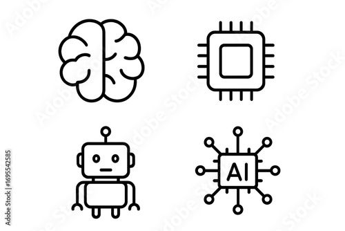 Technology icon bundle with brain chip robot and artificial intelligence symbols, digital technology vector set for design, web, apps, AI and robotics concepts, modern tech graphics