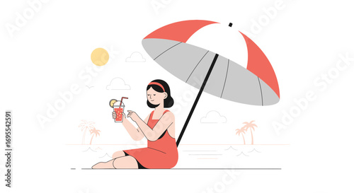 Relaxing Day At The Beach. Enjoying Summer Vibes Underneath A Parasol On Sunny Coast