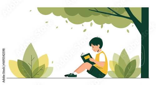A serene illustration of a boy engrossed in reading under the shade of a tree