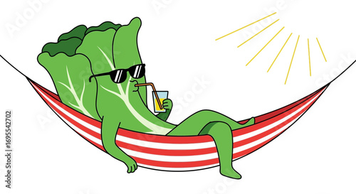 Relaxing Lettuce Character Enjoys a Drink While Lounging in a Hammock Under the Sun