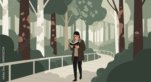 A Serene Woodland Scene Depicts a Person Absorbed in Reading While Strolling Outdoors