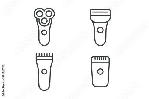 Electric shaver line icon set. Minimalist grooming tools collection. Vector outline symbols for razor, trimmer, and clipper. Personal care, hygiene, barbershop graphic.