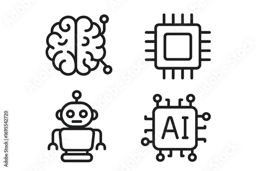 Technology icon pack vector set with brain, microchip, robot, artificial intelligence symbols for apps, web design, social media, digital technology graphics