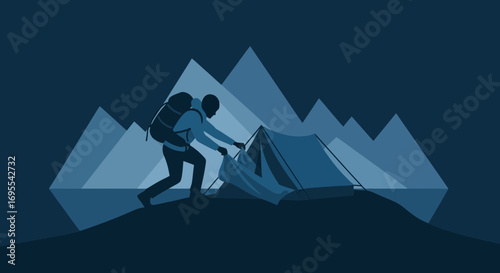 A Silhouette of a Hiker Setting Up a Tent in the Mountains at Night