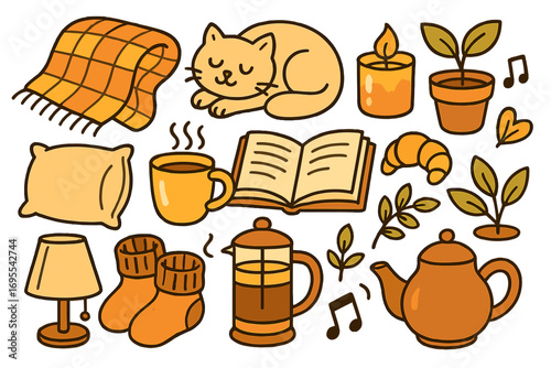 Hygge lifestyle concept. Cozy home elements set. Autumn doodle collection with cat, book, coffee, and blanket. Vector illustration for relaxation and comfort theme. Slow living.