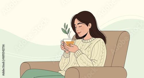 Relaxing Moment Woman Enjoying Herbal Tea While Seated in Comfortable Chair