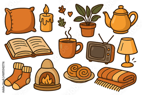 Cozy home comforts doodle set. Vector cartoon illustration of relaxing autumn elements. Hygge lifestyle concept with fireplace, warm drink, book, blanket and candle icons.