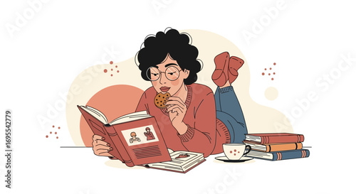 Relaxing Moment: Woman Reading A Book While Enjoying A Cookie And A Warm Beverage