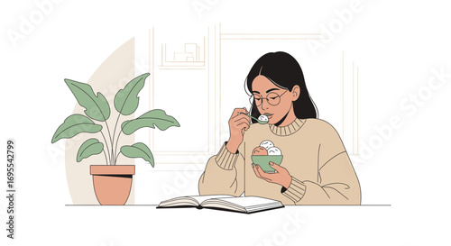 Relaxing Moment Of Enjoyment: Woman Relishing Dessert And A Book, Peaceful Home Interior