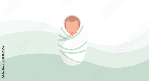 A Sleeping Baby Swaddled in a Gentle White Blanket with Green Wavy Background Design