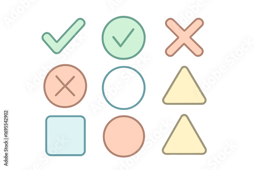 Minimalist icon set with checkmarks and crosses for yes or no validation. Simple pastel shapes like circles, squares, and triangles. Flat vector cartoon symbols for UI/UX design.