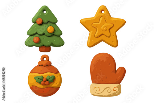 Cute clay Christmas ornaments set. Plasticine festive decorations. Vector cartoon illustration. Christmas tree, star, bauble, mitten icons. Holiday winter graphic elements.