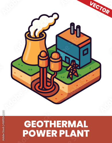 Geothermal power plant isometric 3d illustration Comprehensive View of a Geothermal Power Generation Facility with Energy Conversion Systems and Eco-friendly Technology