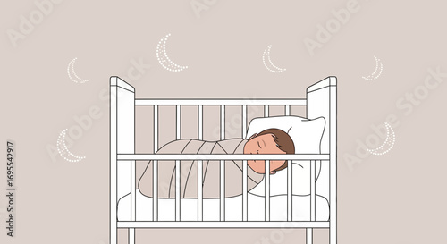 A sleeping baby in a crib under a night sky with crescent moon illustrations